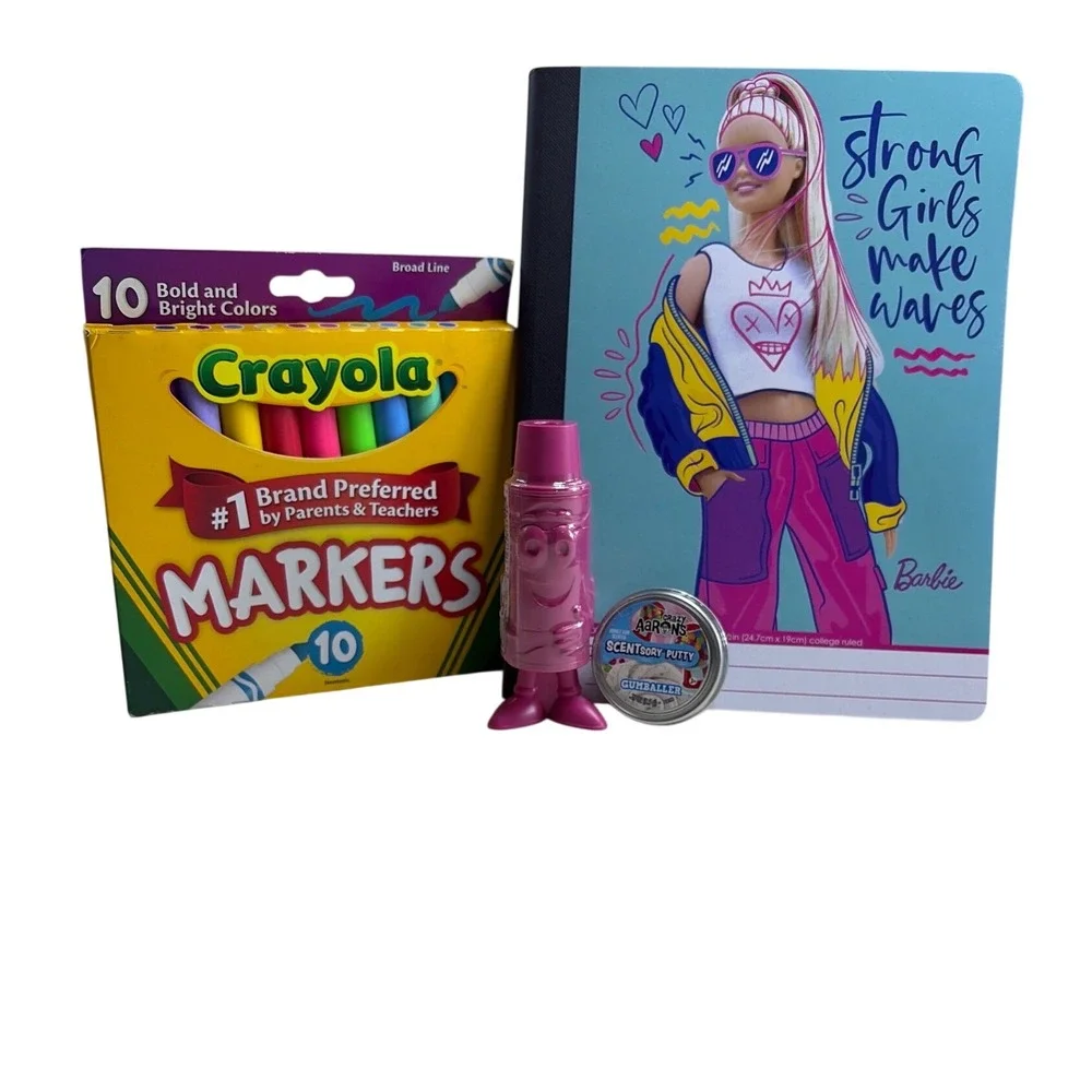 Barbie Notebook Crayola Markers Sharpener & Crazy Aaron Putty School Supply Set